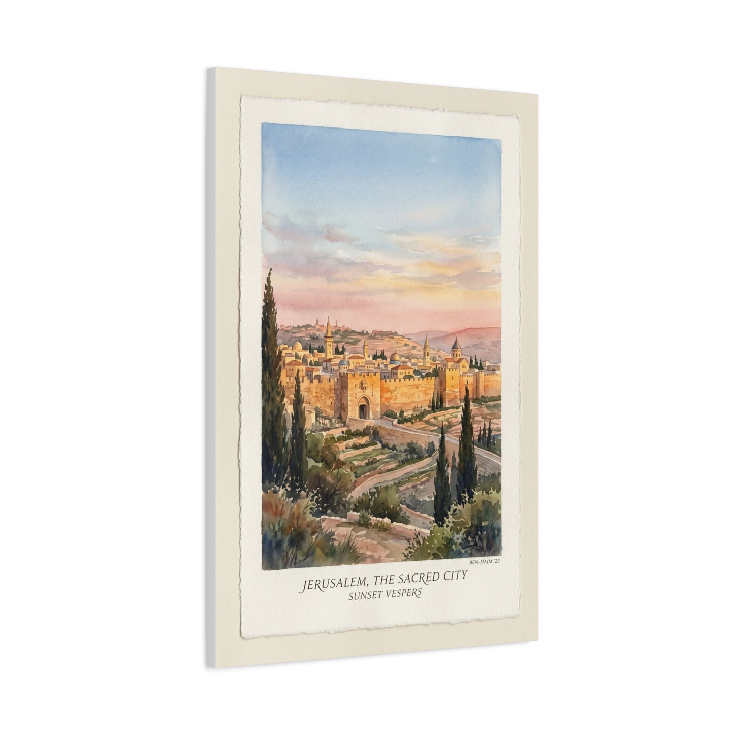 Jerusalem Sunset Watercolor Landscape Wall Art & Canvas Print