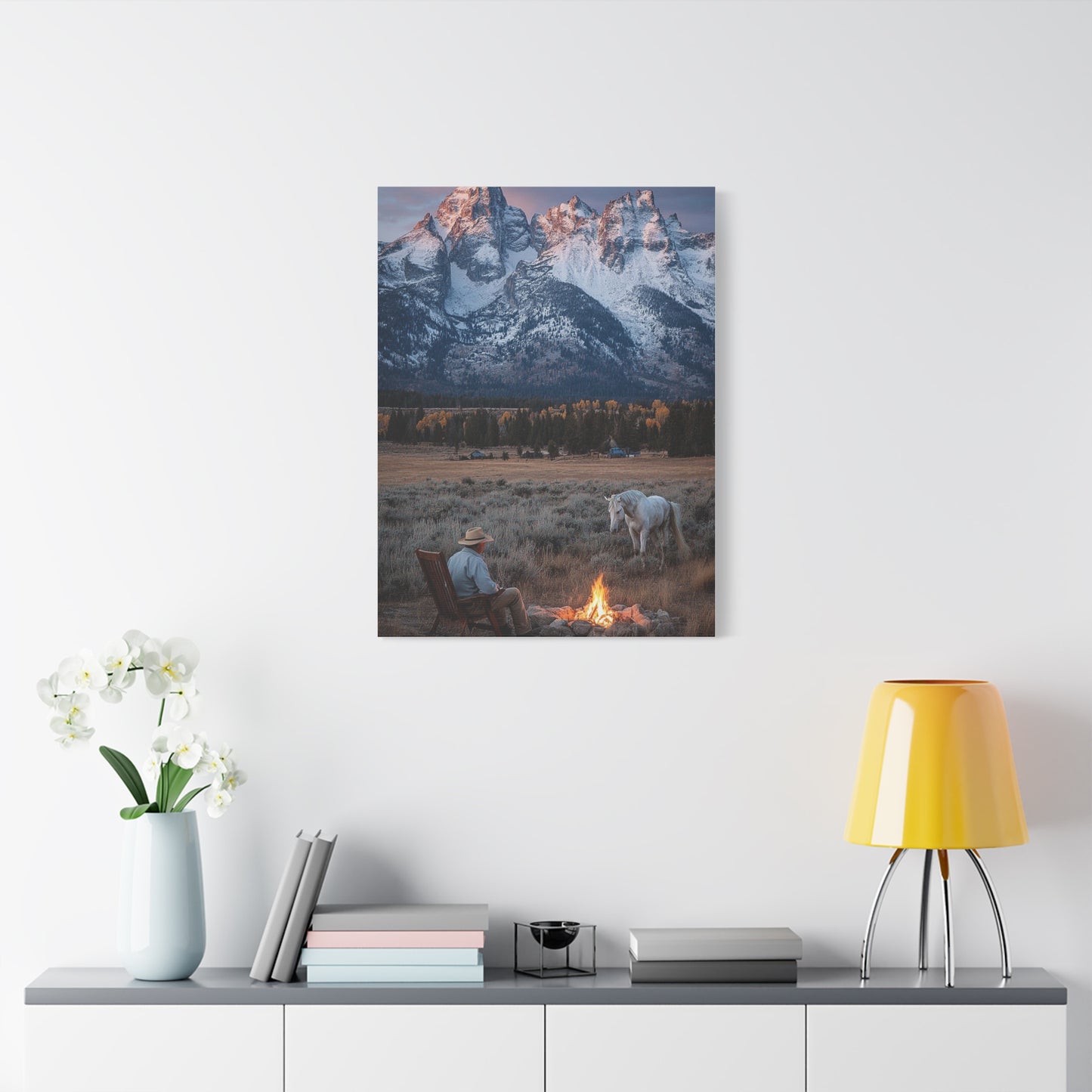 Lone Cowboy Walking Through Frontier Town Wall Art & Canvas Print