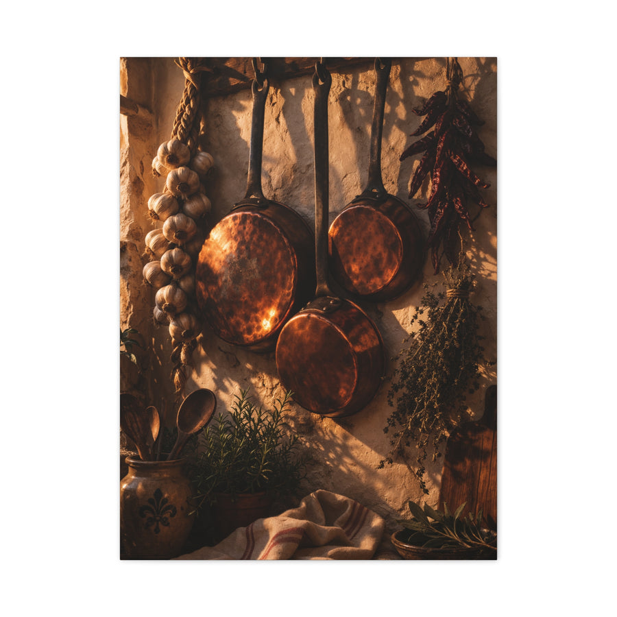 Copper Cookware Rustic Kitchen Wall Art & Canvas Print