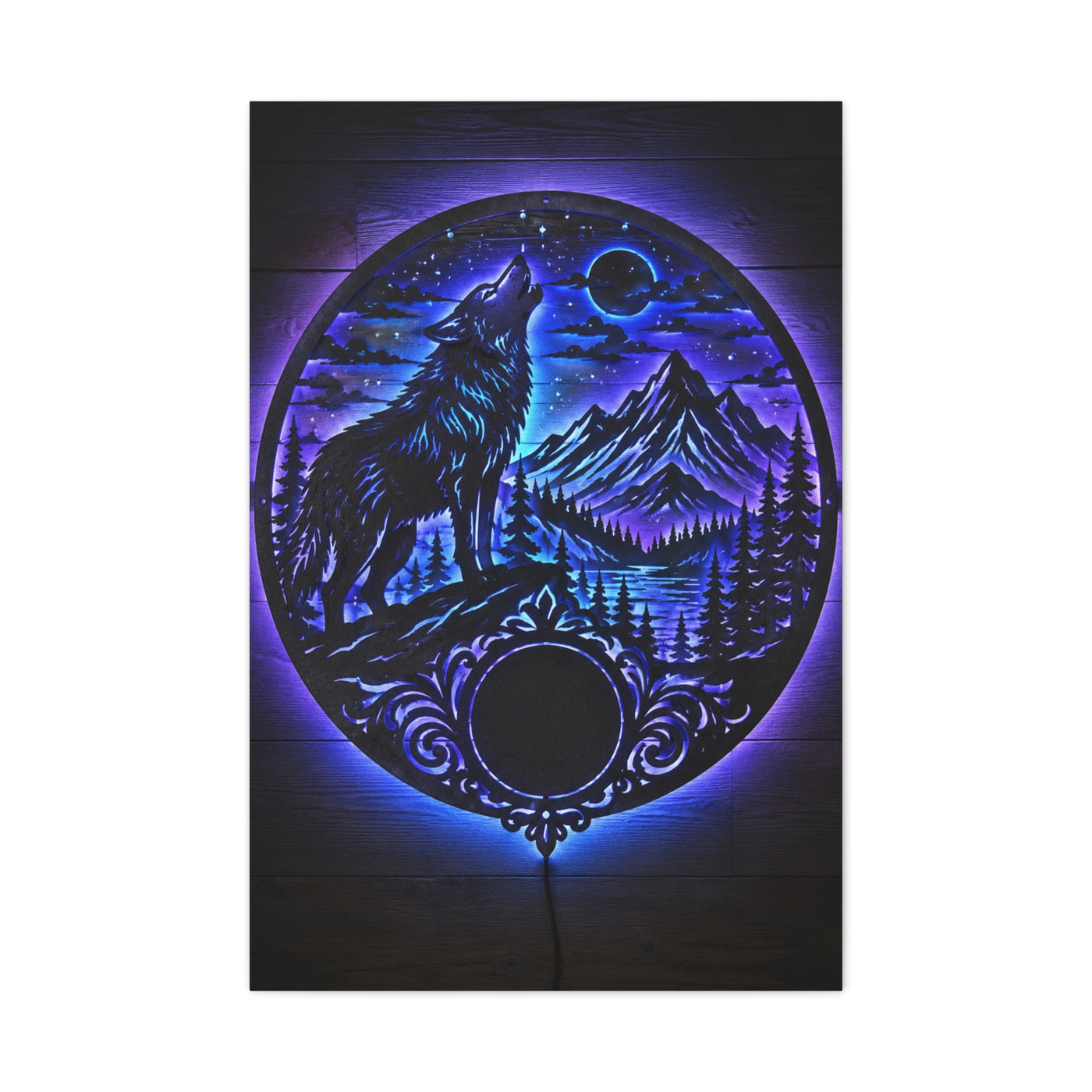 LED Mountain Wolf Night Circle Scene Wall Art & Canvas Print