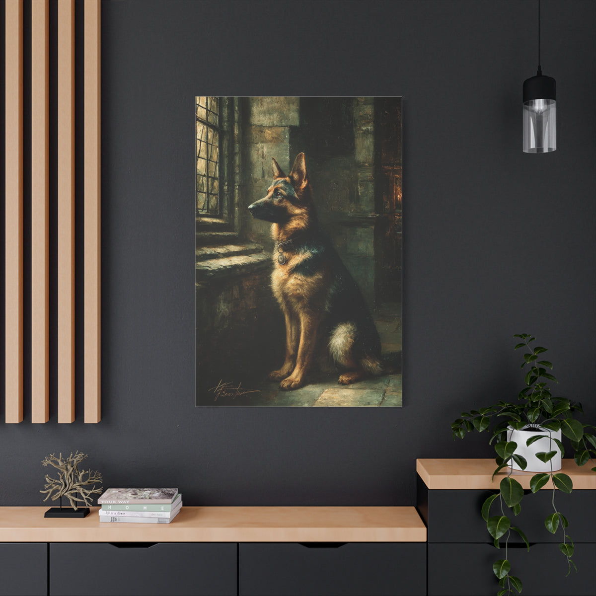 German Shepherd by Window Wall Art & Canvas Print