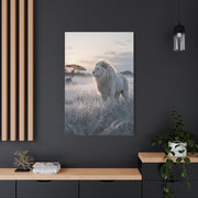 White Lion in Misty Savanna Dawn Wall Art & Canvas Print