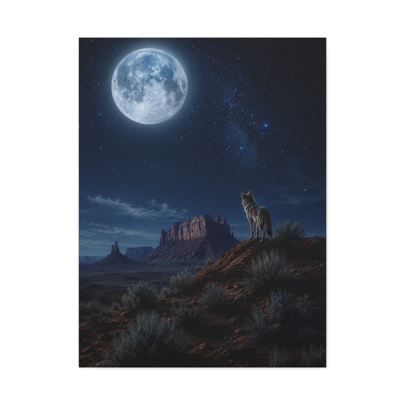 Moonlit Coyote Desert Wall Art & Canvas Print