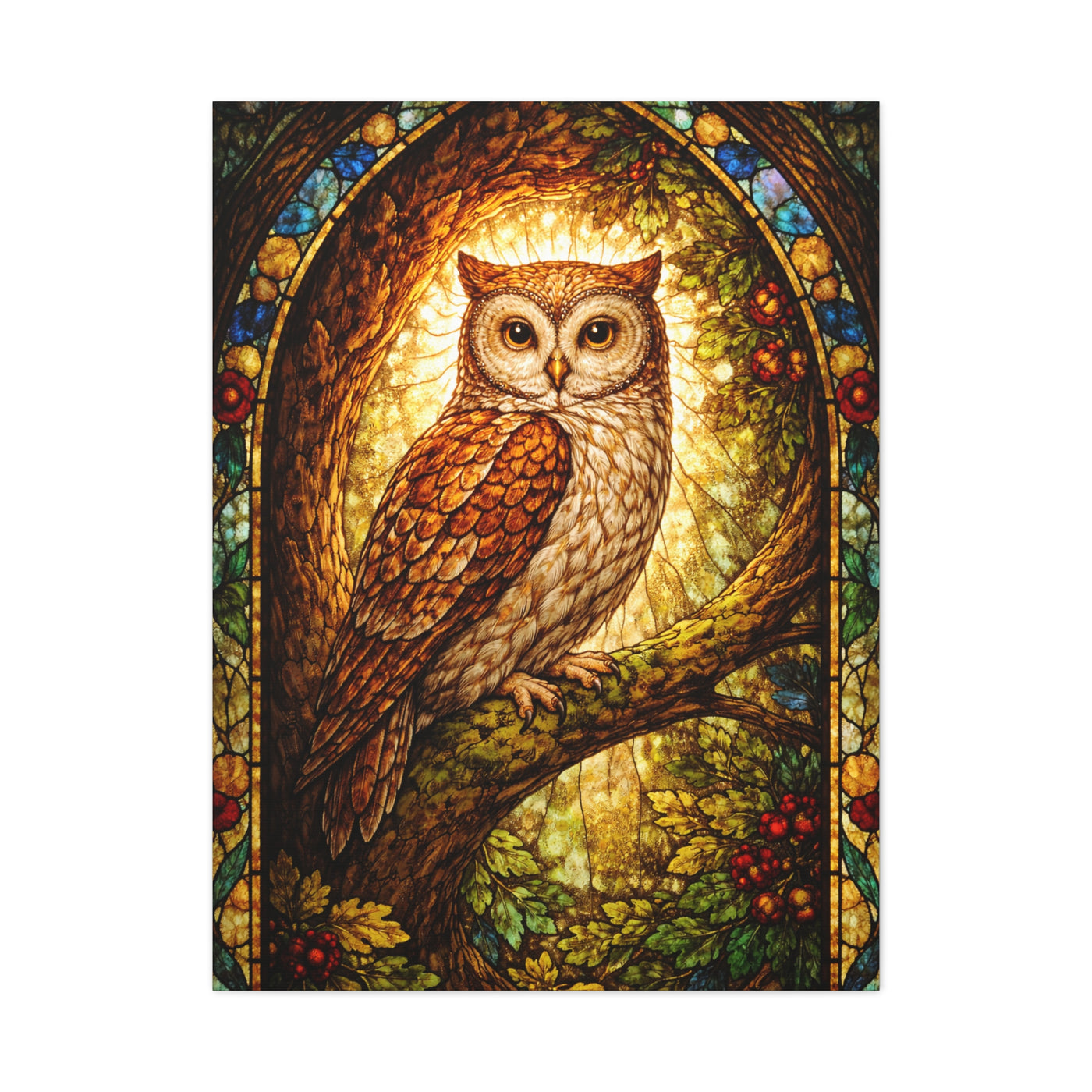 Stained Glass Forest Owl Window Wall Art & Canvas Print