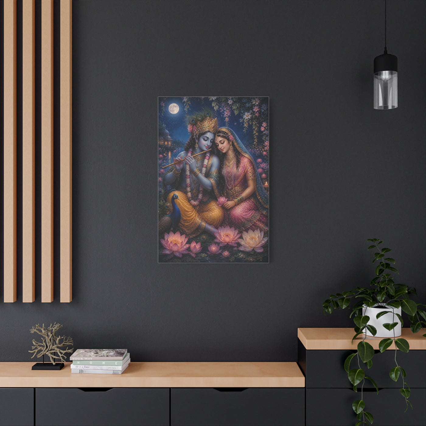 Radha and Krishna Moonlit Lotus Garden Wall Art & Canvas Print