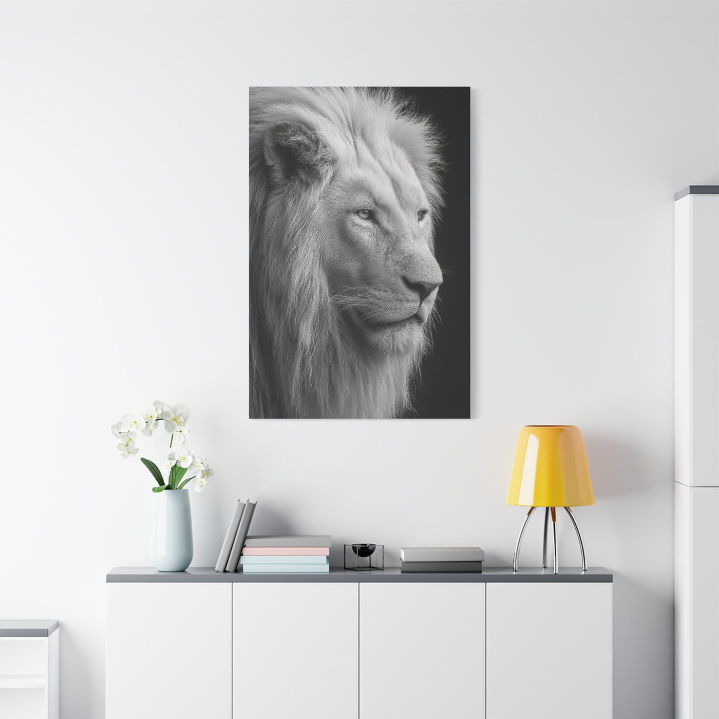 White Lion Monochrome Close Portrait Wall Art & Canvas Print