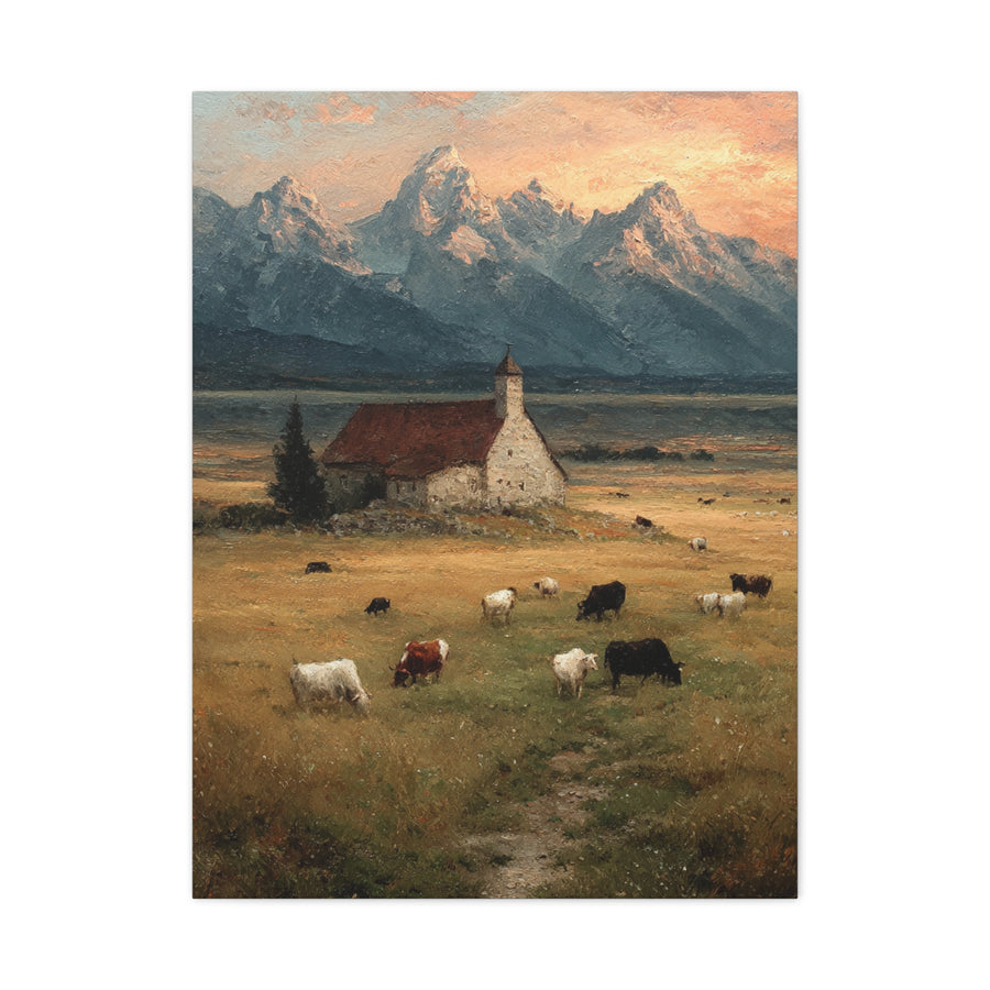 Rustic Mountain Farm Bulls & Cows Painting Wall Art & Canvas Print