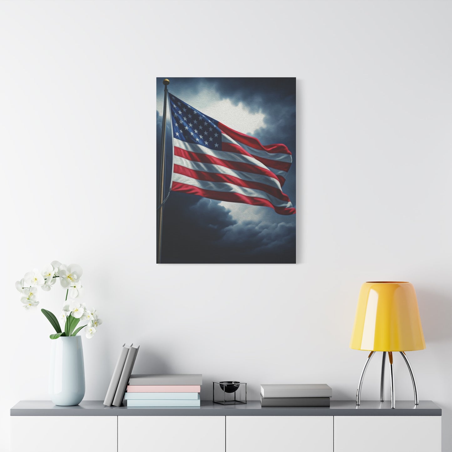American Flag Against Stormy Skies Wall Art & Canvas Prints