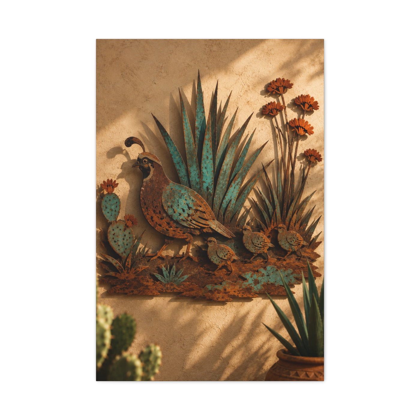 Quail Family Metal Relief Southwest Wall Art & Canvas Print