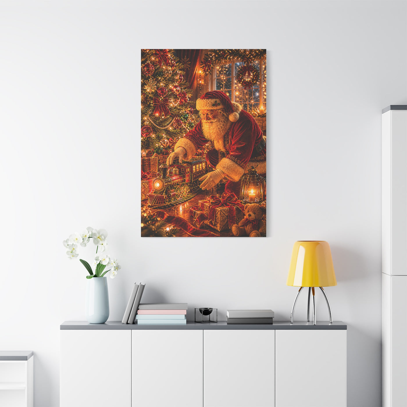 Santa Decorating the Christmas Train Wall Art & Canvas Print