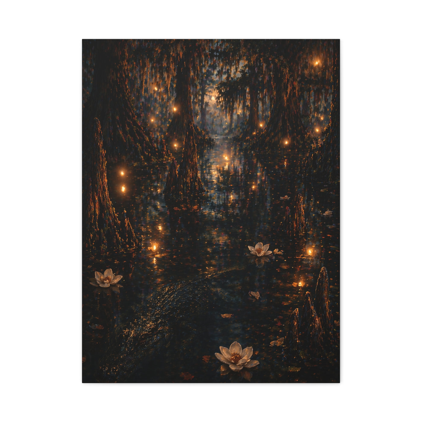 Moonlit Bayou Firefly Scene Wall Art & Canvas Print