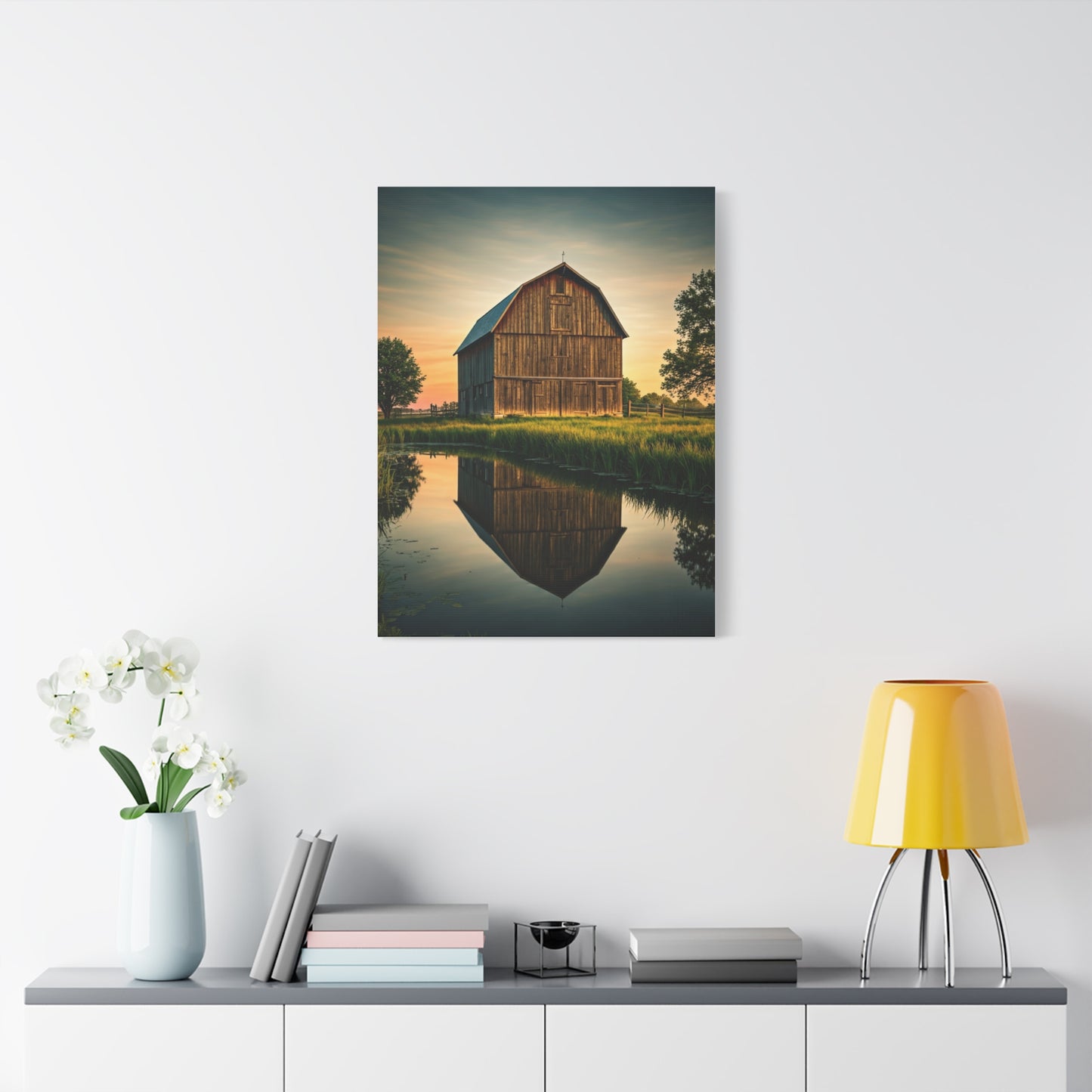 Reflected Barn in Tranquil Waters Wall Art & Canvas Prints