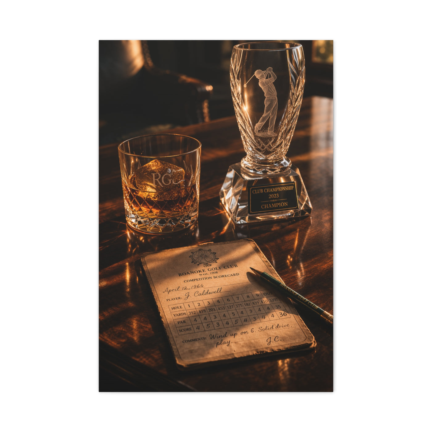 Crystal Trophy & Whiskey Golf Still Life Wall Art & Canvas Print