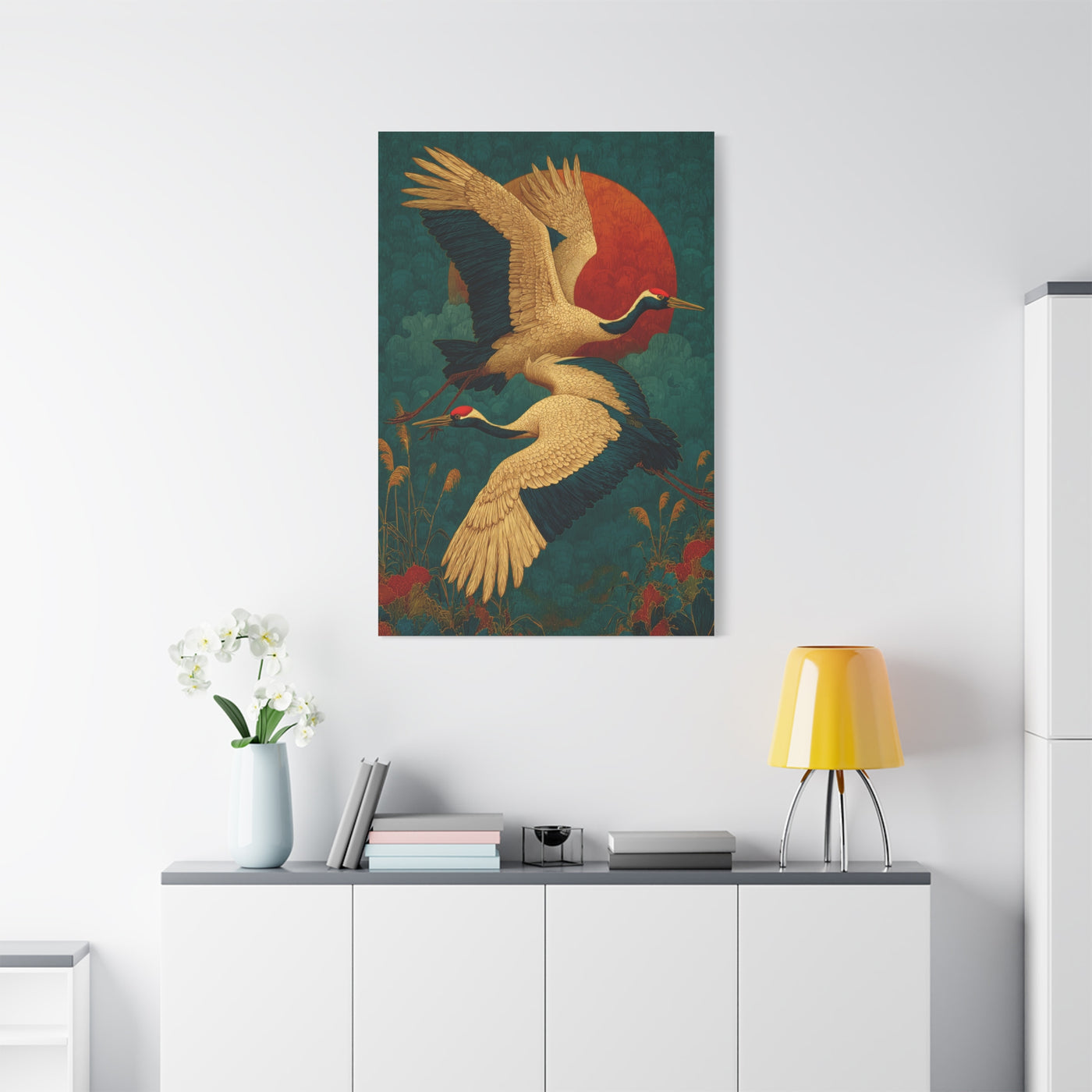 Golden Crane Celestial Flight Wall Art & Canvas Print