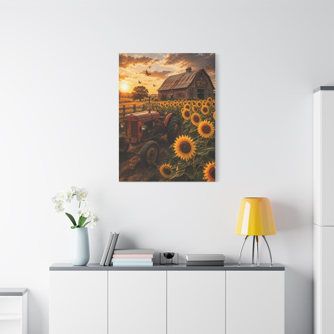Rustic Farmhouse Sunflower Field Tractor Wall Art & Canvas Print