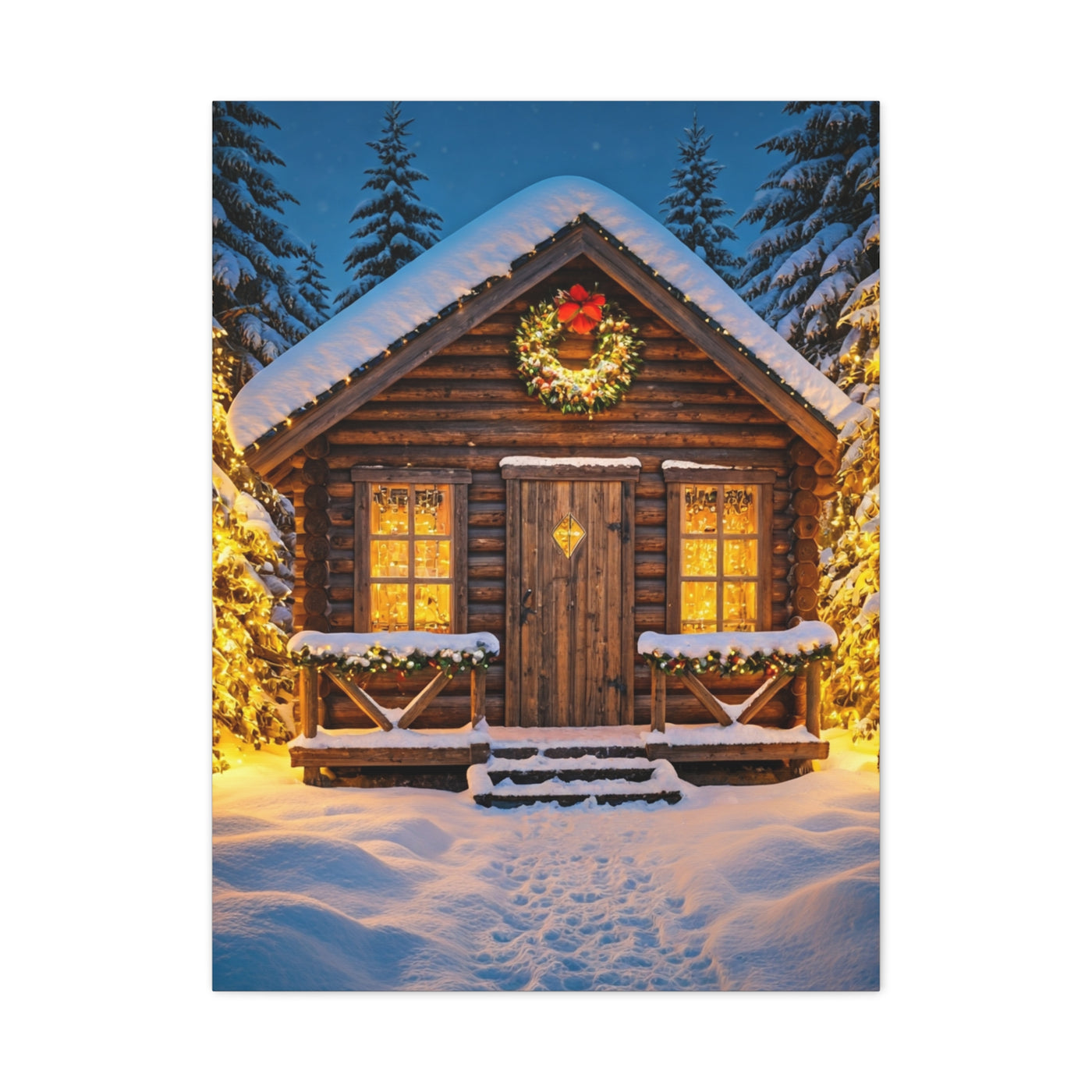 Cozy Snowy Christmas Cabin Among Pine Trees Wall Art & Canvas Print