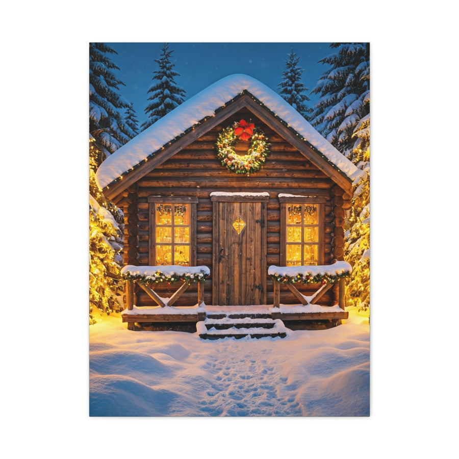 Cozy Snowy Christmas Cabin Among Pine Trees Wall Art & Canvas Print