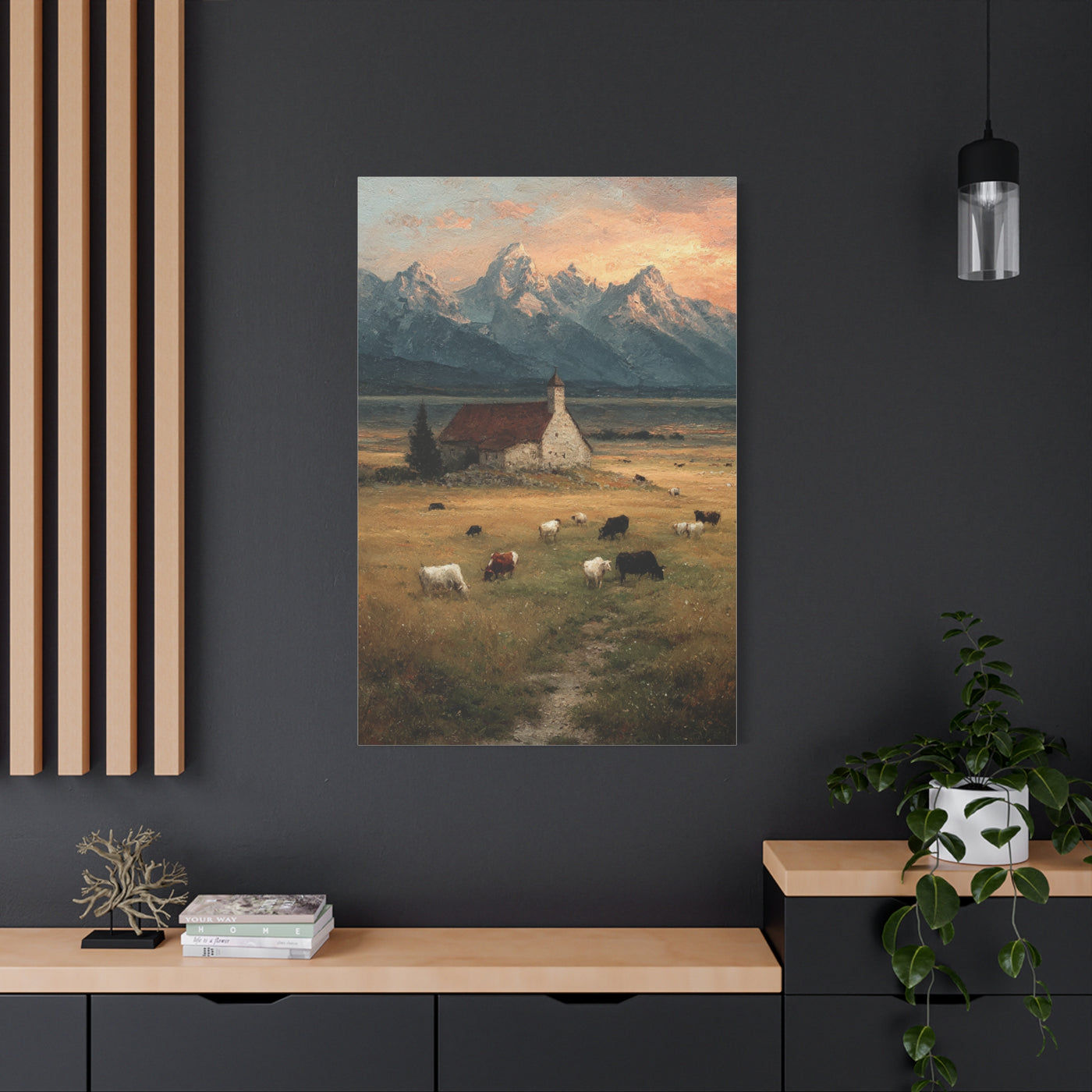 Rustic Mountain Farm Bulls & Cows Painting Wall Art & Canvas Print