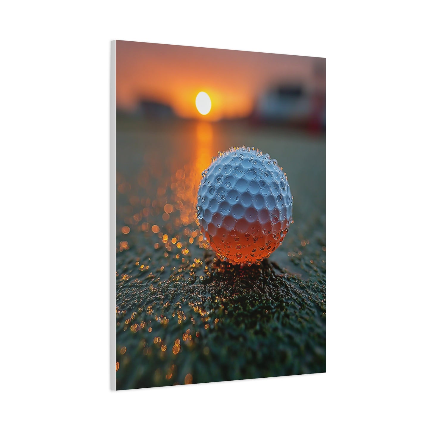 Dew-Covered Golf Ball Sunrise Macro Wall Art & Canvas Print
