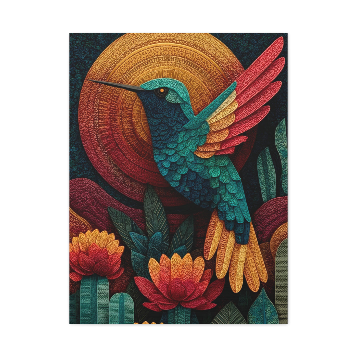 Mexican Hummingbird Sun Disc Folk Wall Art & Canvas Print