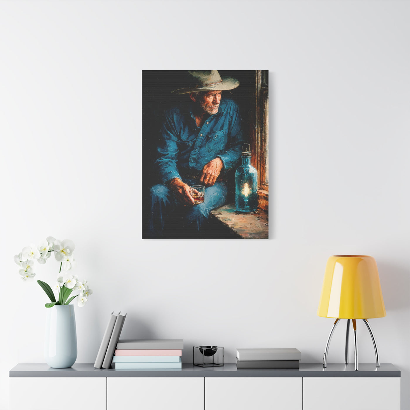 Whiskey Window Cowboy Painting Wall Art & Canvas Print