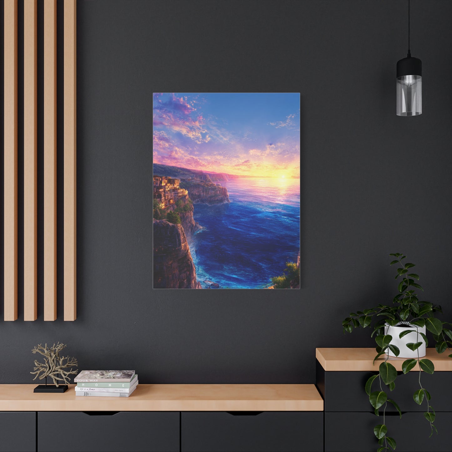 Coastal Village Cliffs at Golden Sunset Wall Art & Canvas Print