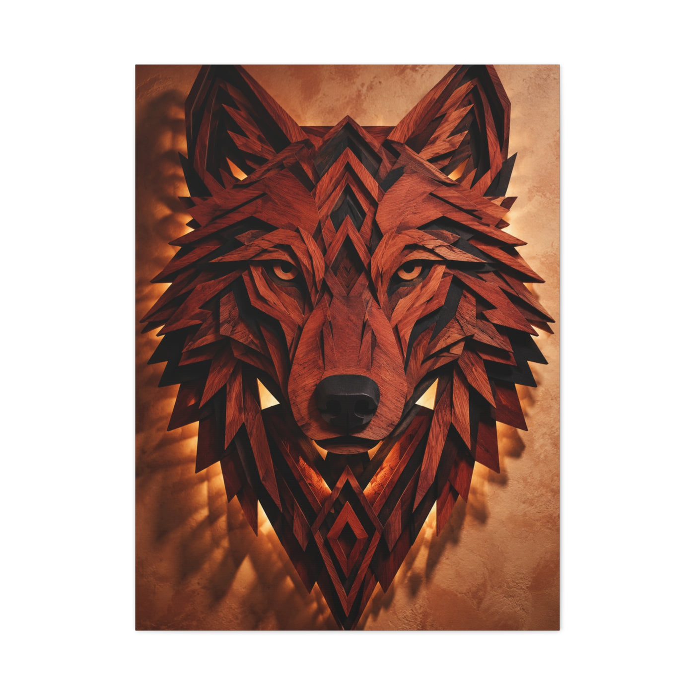 Geometric Carved Wood Wolf Head Sculpture Wall Art & Canvas Print