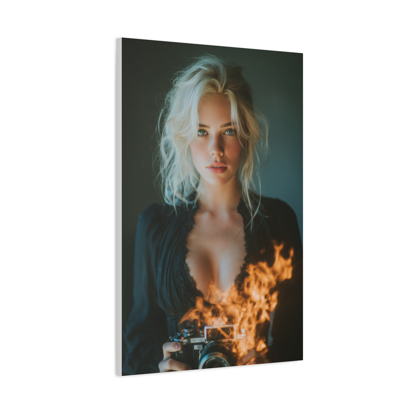 Blonde Muse Fire Camera Portrait Wall Art & Canvas Print