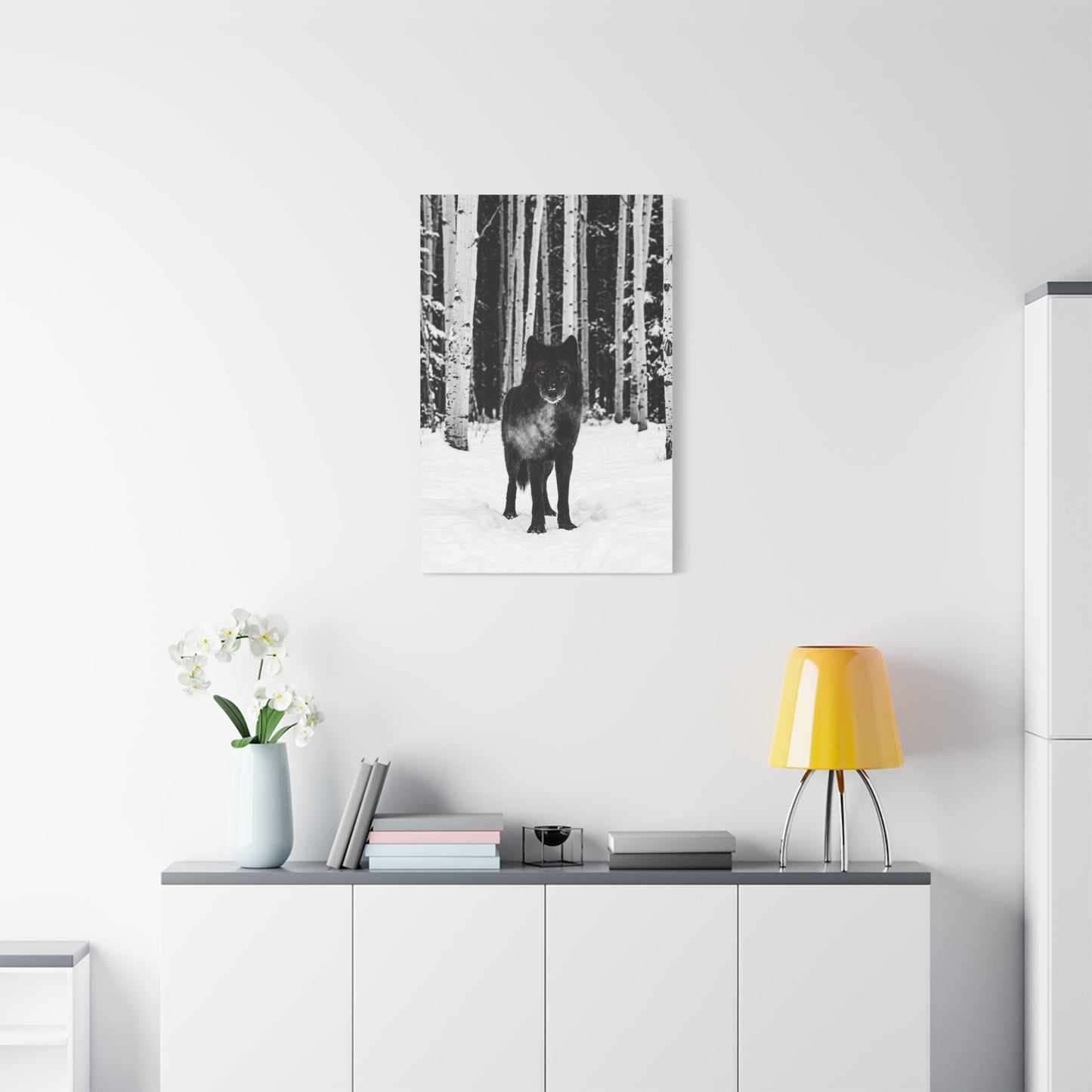Snow Forest Black Wolf Minimal Scene Wall Art & Canvas Print