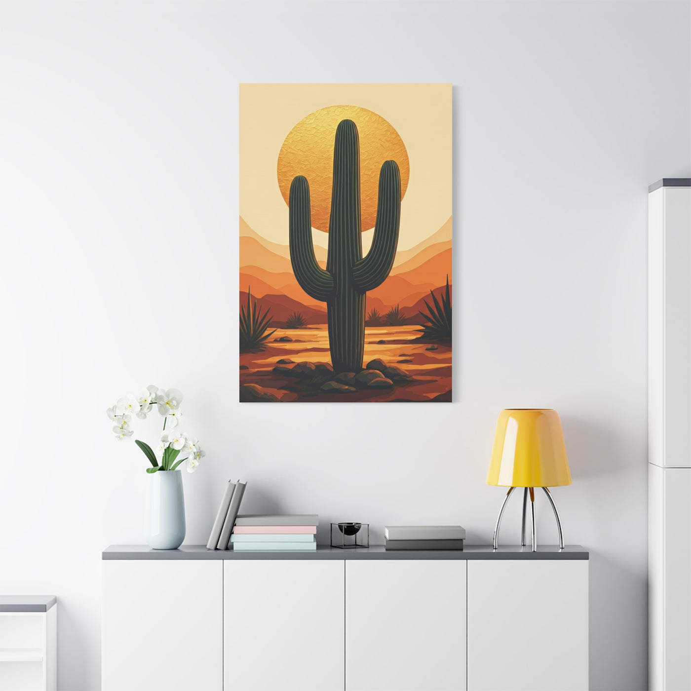 Golden Sun Desert Saguaro Illustration Wall Art & Canvas Prints