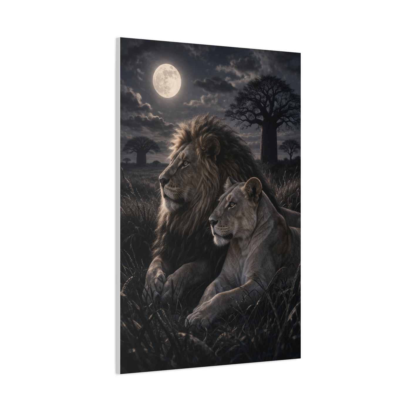 Lion and Lioness Under Moonlight Unity Wall Art & Canvas Print