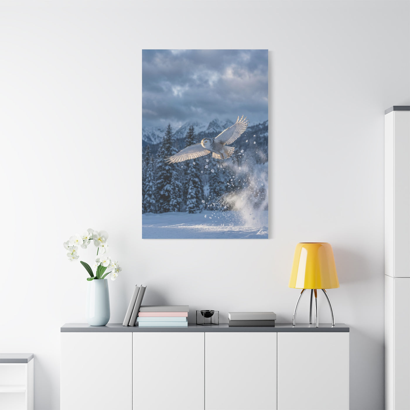 Snowy Owl Mountain Flight Wall Art & Canvas Print