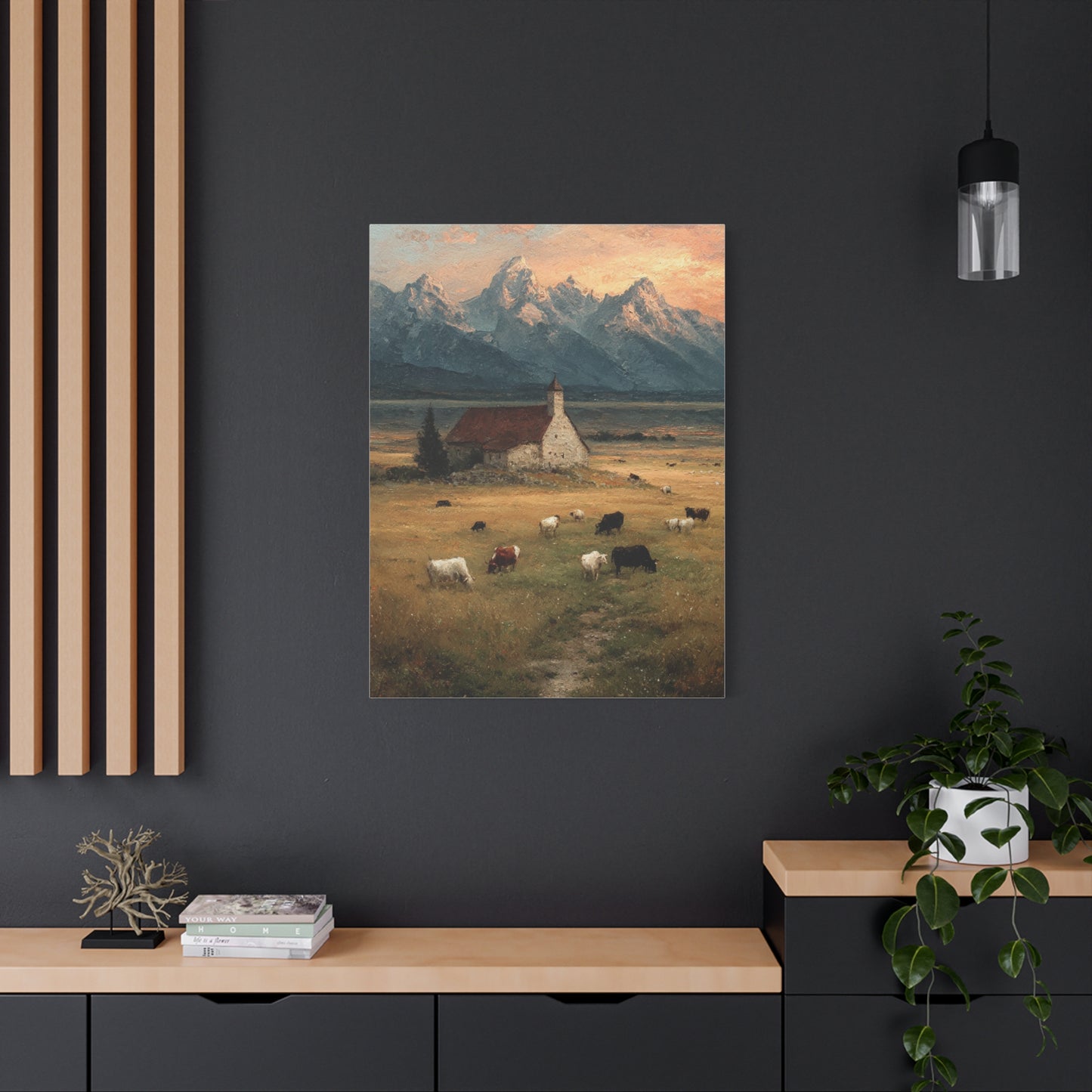 Rustic Mountain Farm Bulls & Cows Painting Wall Art & Canvas Print