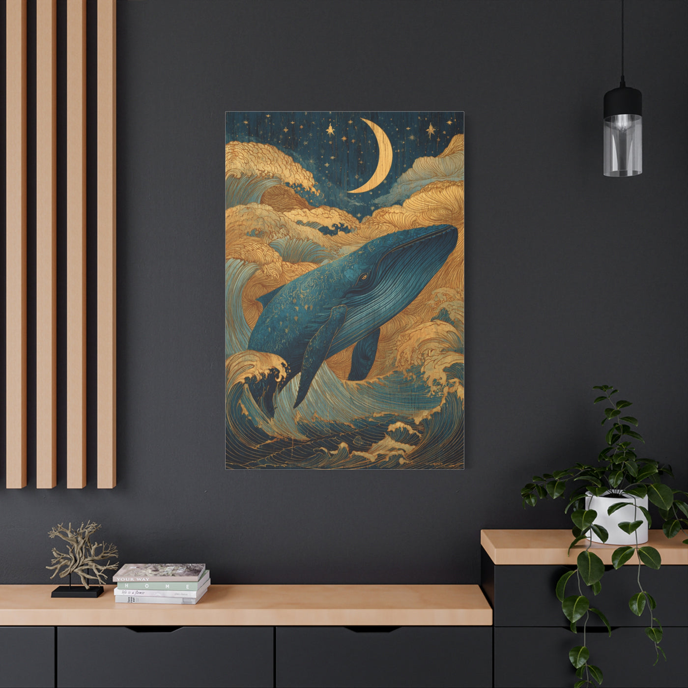 Folk Whale Moonlit Ocean Wall Art & Canvas Print