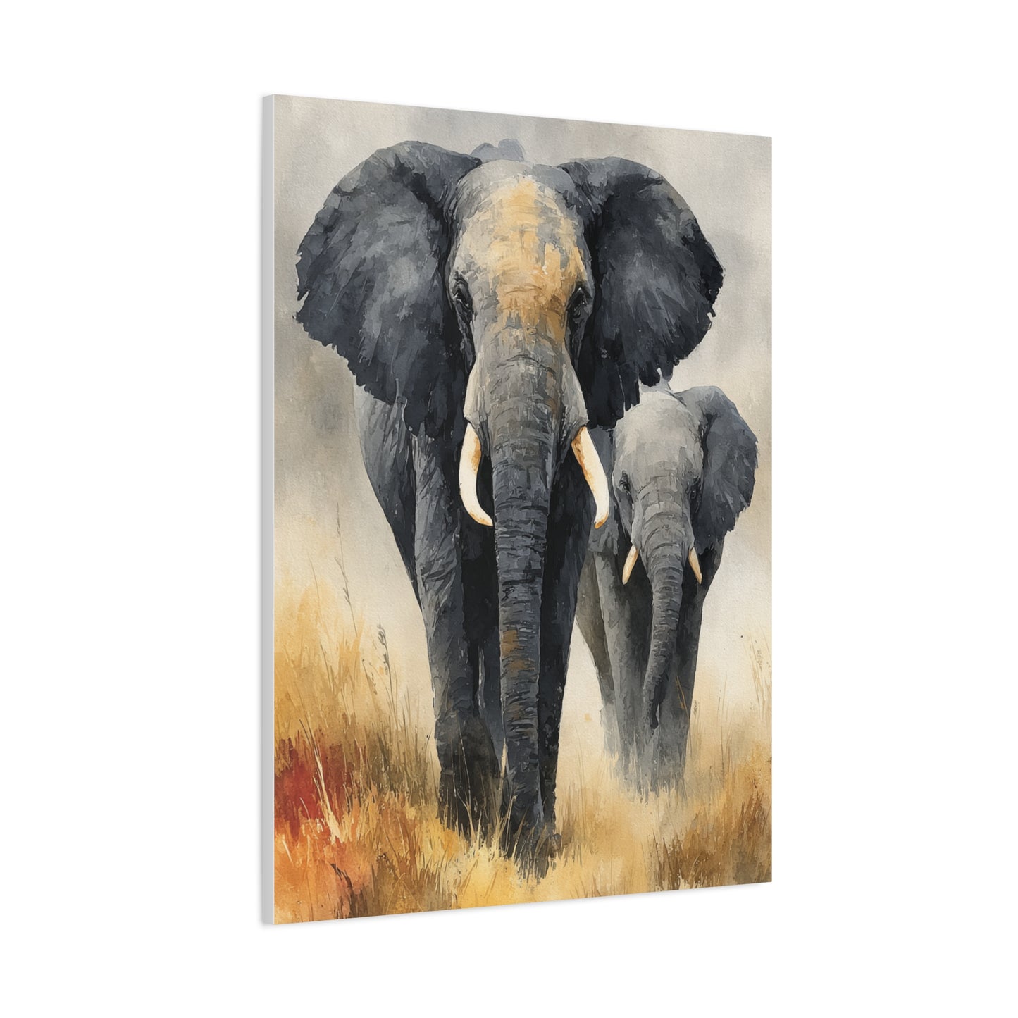 Mother and Calf Elephant Watercolor Wall Art & Canvas Print