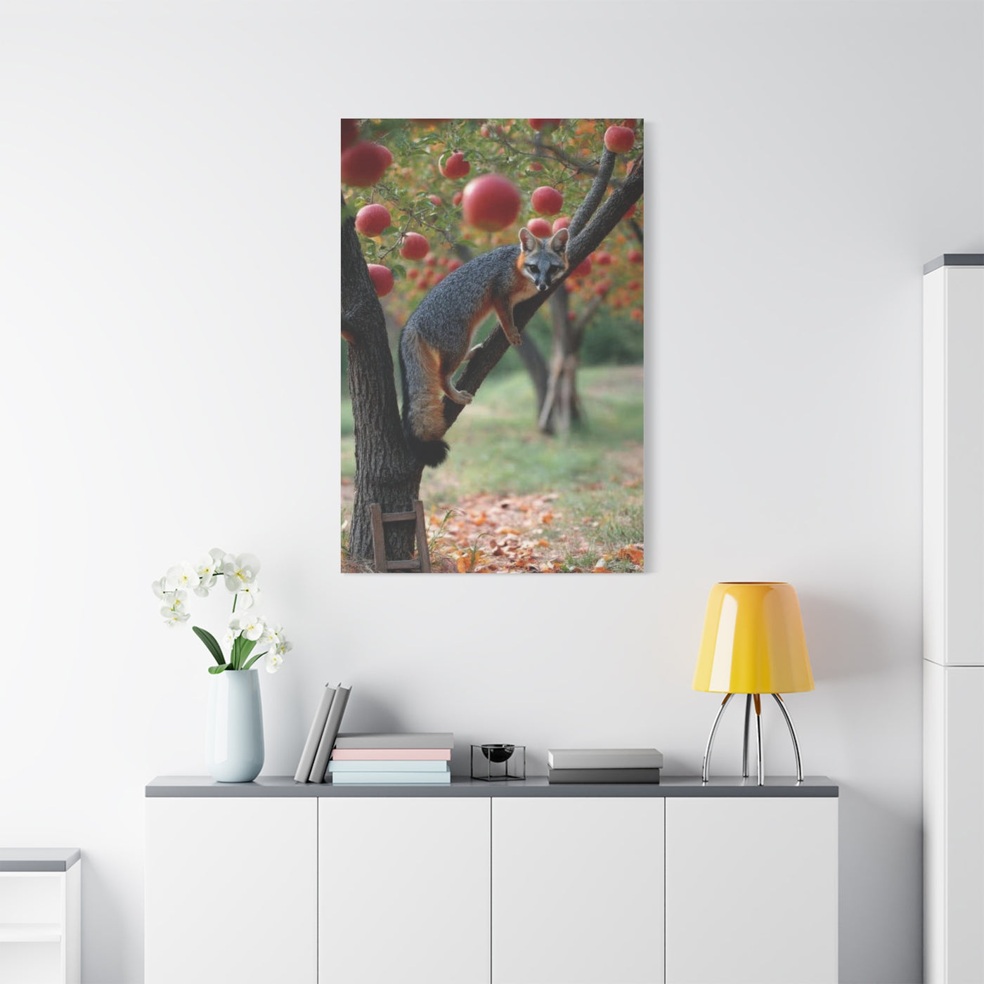 Orchard Gray Fox Climbing Apple Tree Wall Art & Canvas Print