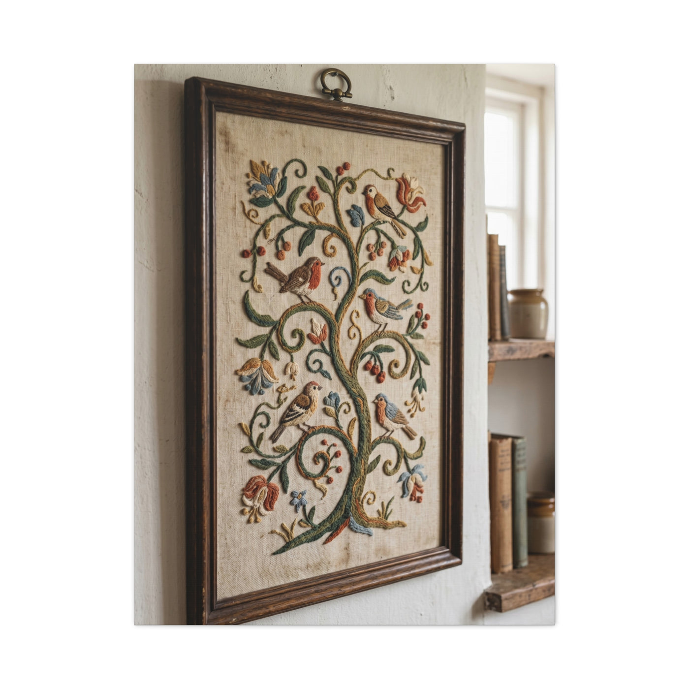 Framed Folk Tree Embroidery Study Wall Art & Canvas Print