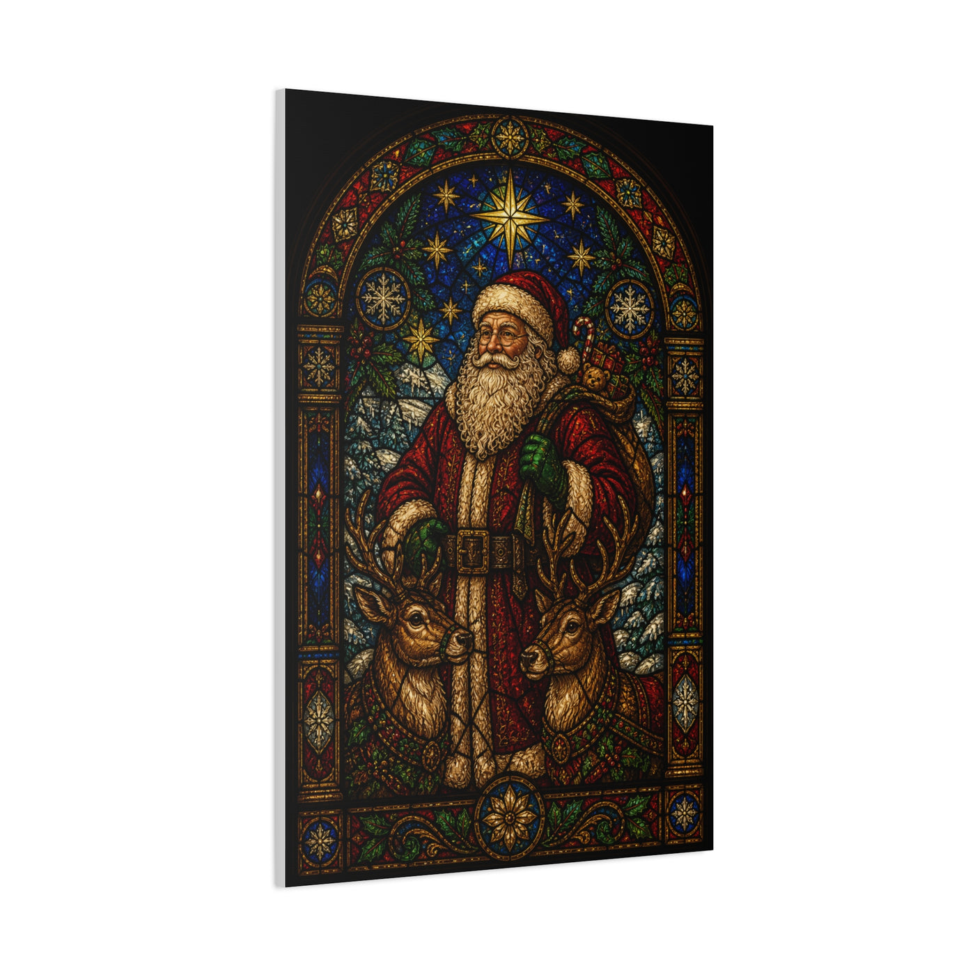 Stained Glass Santa and Reindeer Wall Art & Canvas Print