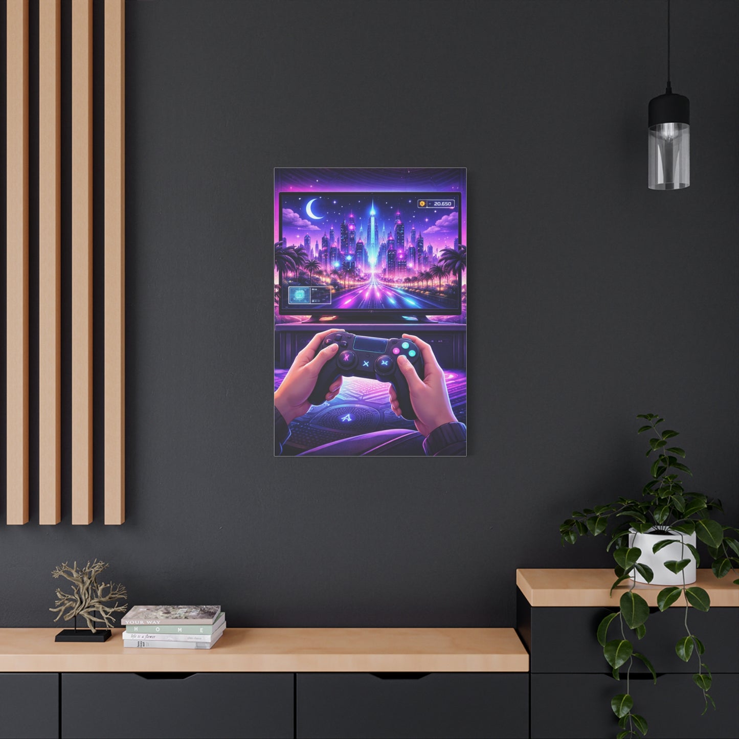 Neon Gamer Cityscape Wall Art & Canvas Print