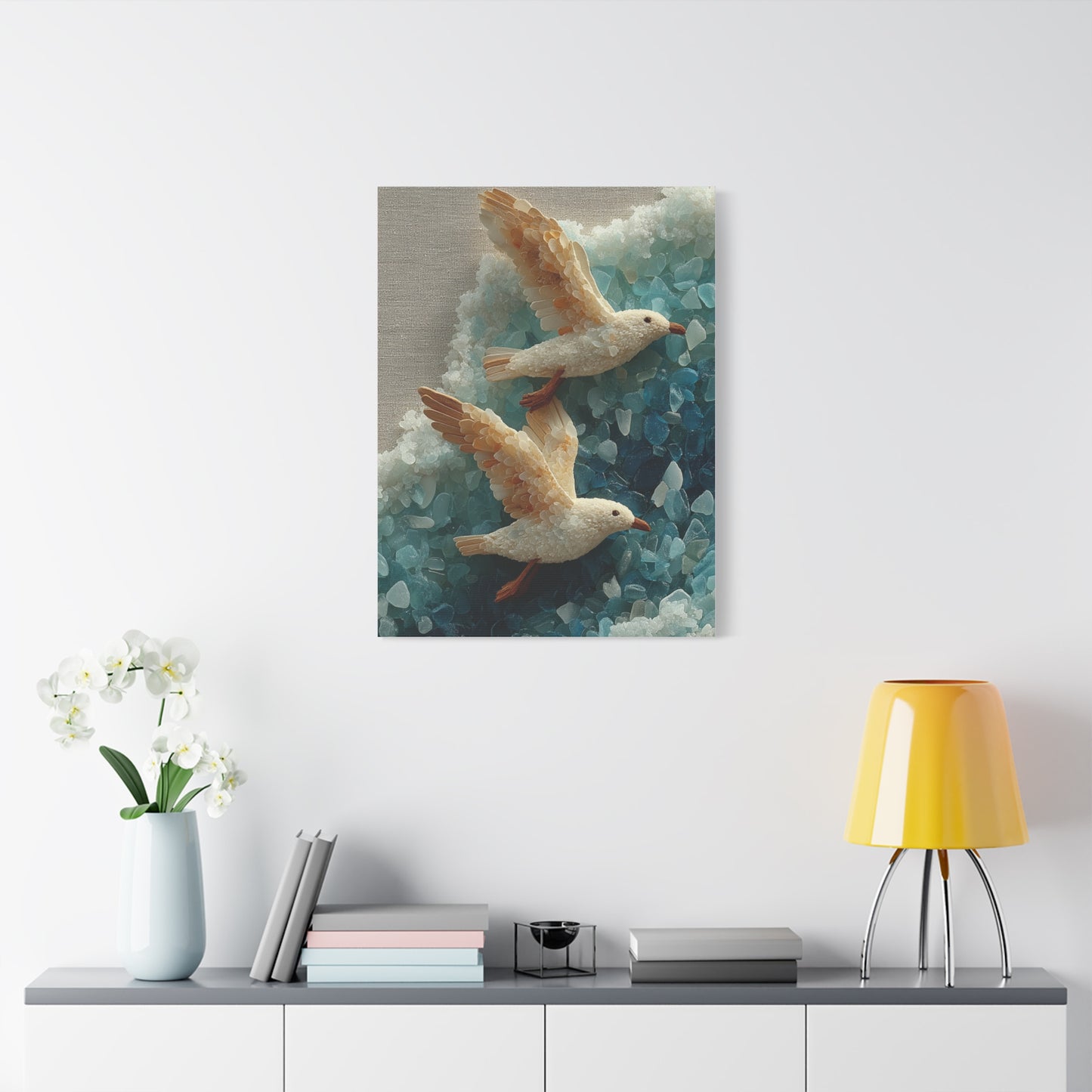 Sea Glass And Driftwood Seagull Coastal Composition Wall Art & Canvas Print