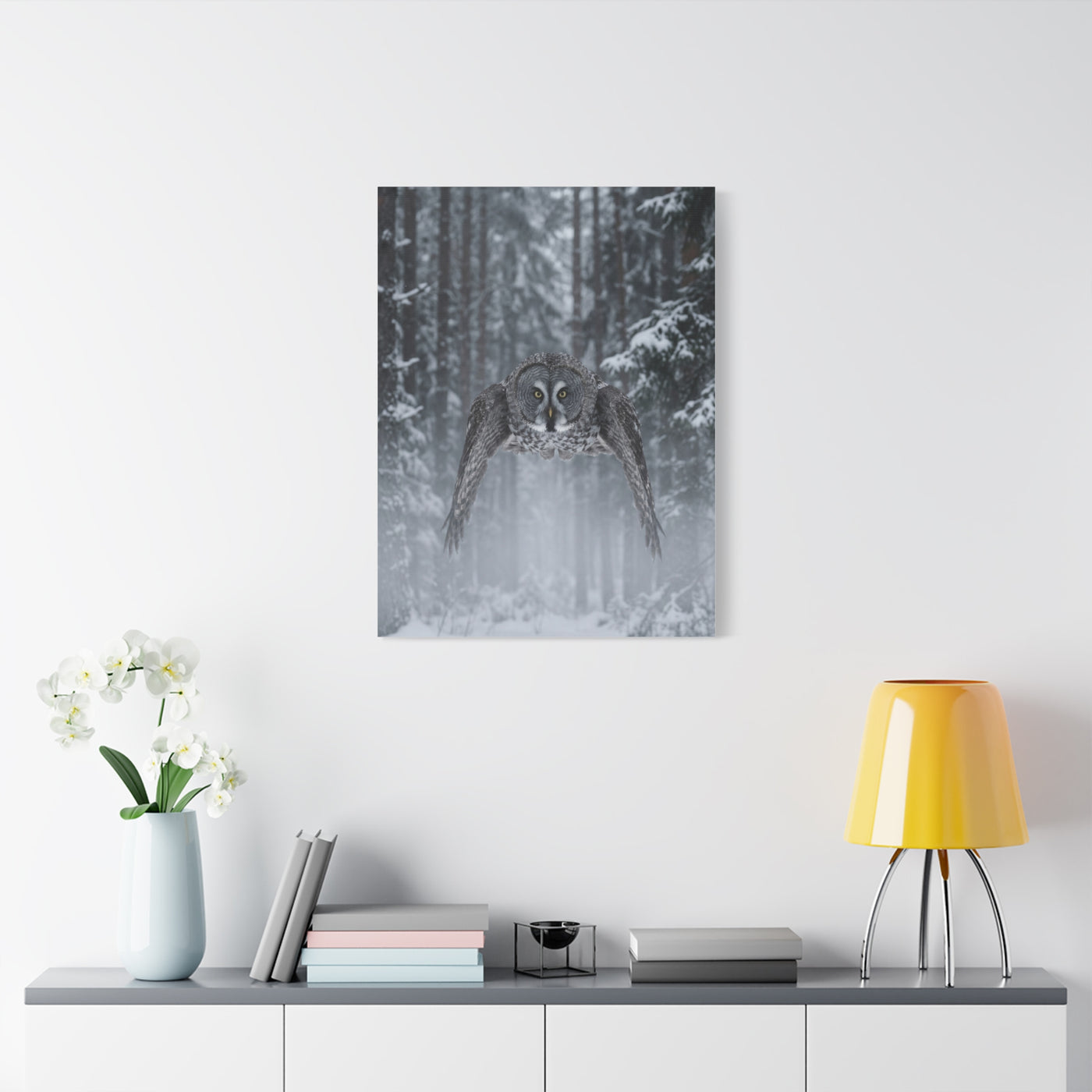 Great Grey Owl Winter Flight Wall Art & Canvas Print