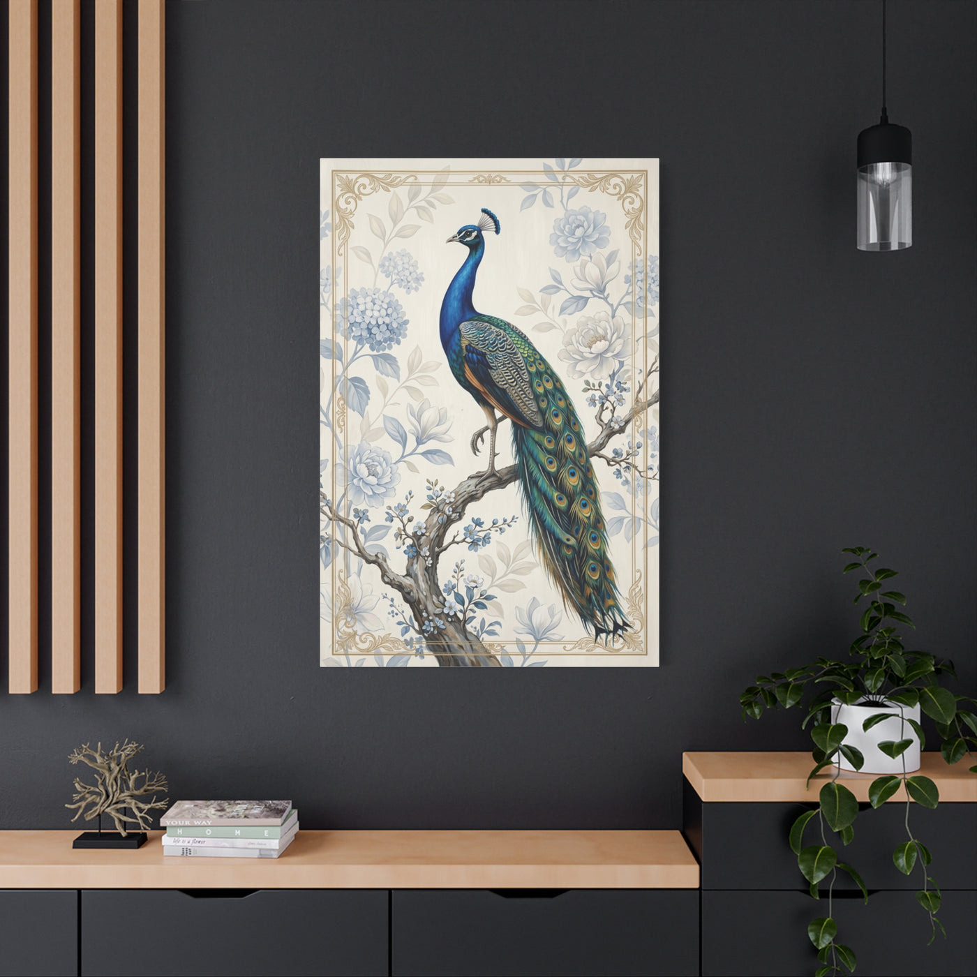 Elegant Blue Botanical Peacock Wall Art & Canvas Print