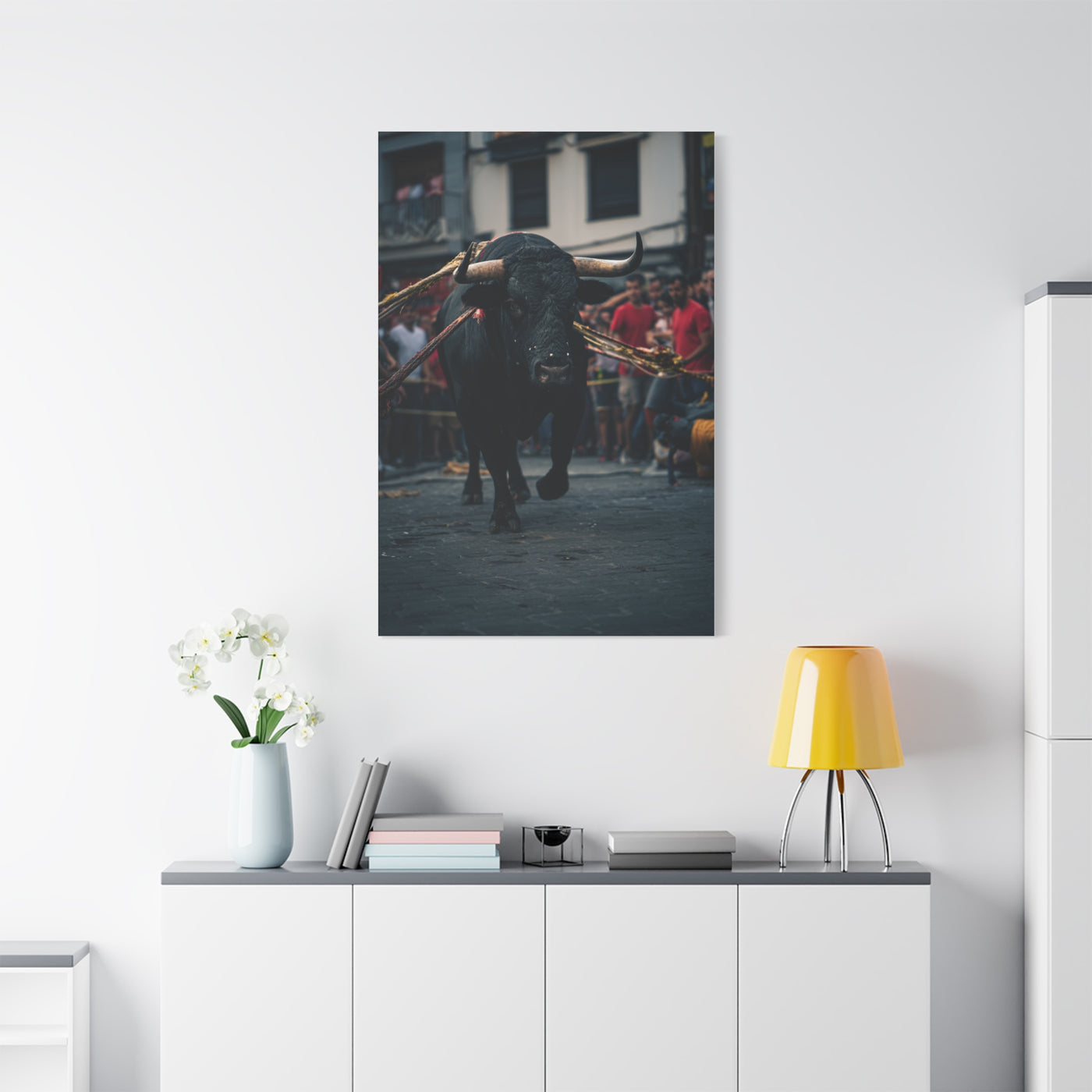 Bull Guided Through Festival Streets Wall Art & Canvas Print