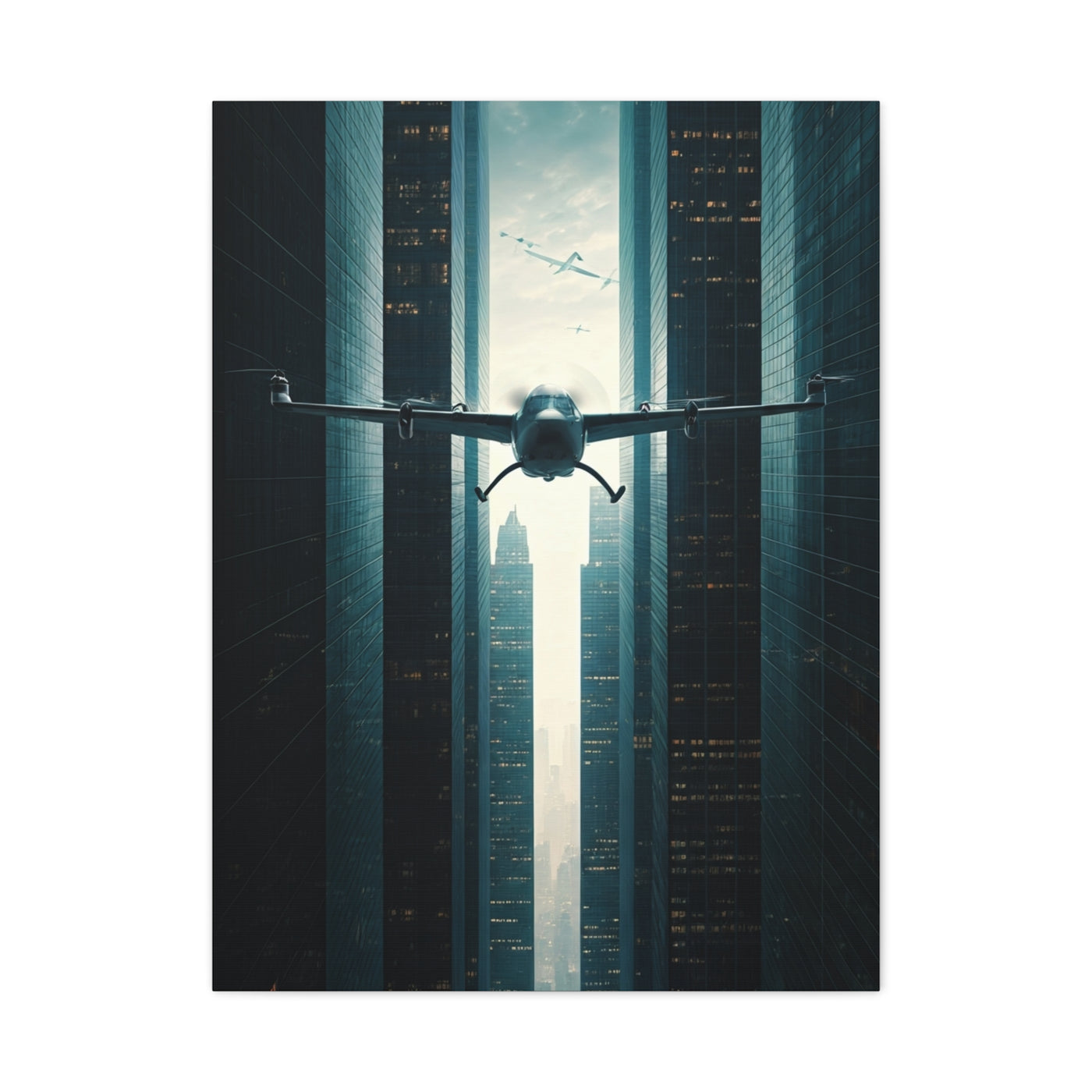 Electric Aircraft Between Skyscrapers Wall Art & Canvas Prints