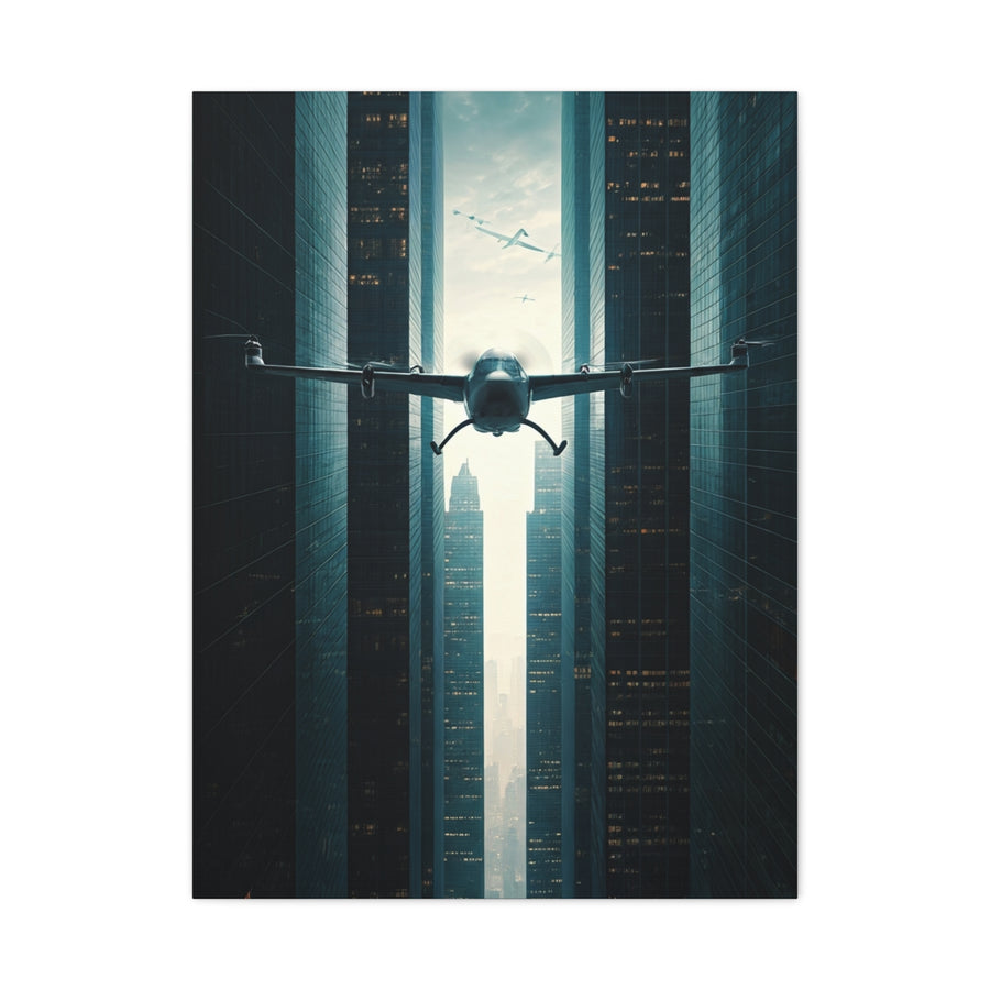 Electric Aircraft Between Skyscrapers Wall Art & Canvas Prints