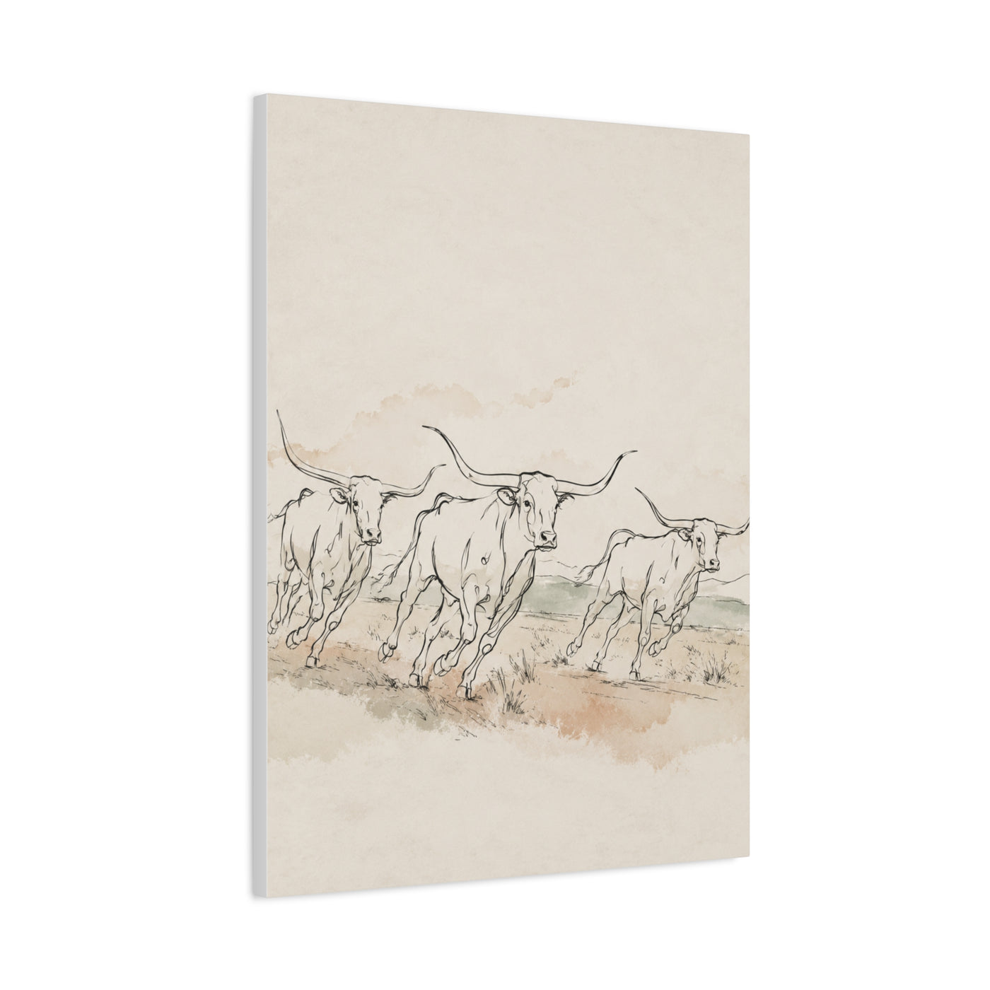 Running Longhorn Line Sketch Panorama Wall Art & Canvas Print