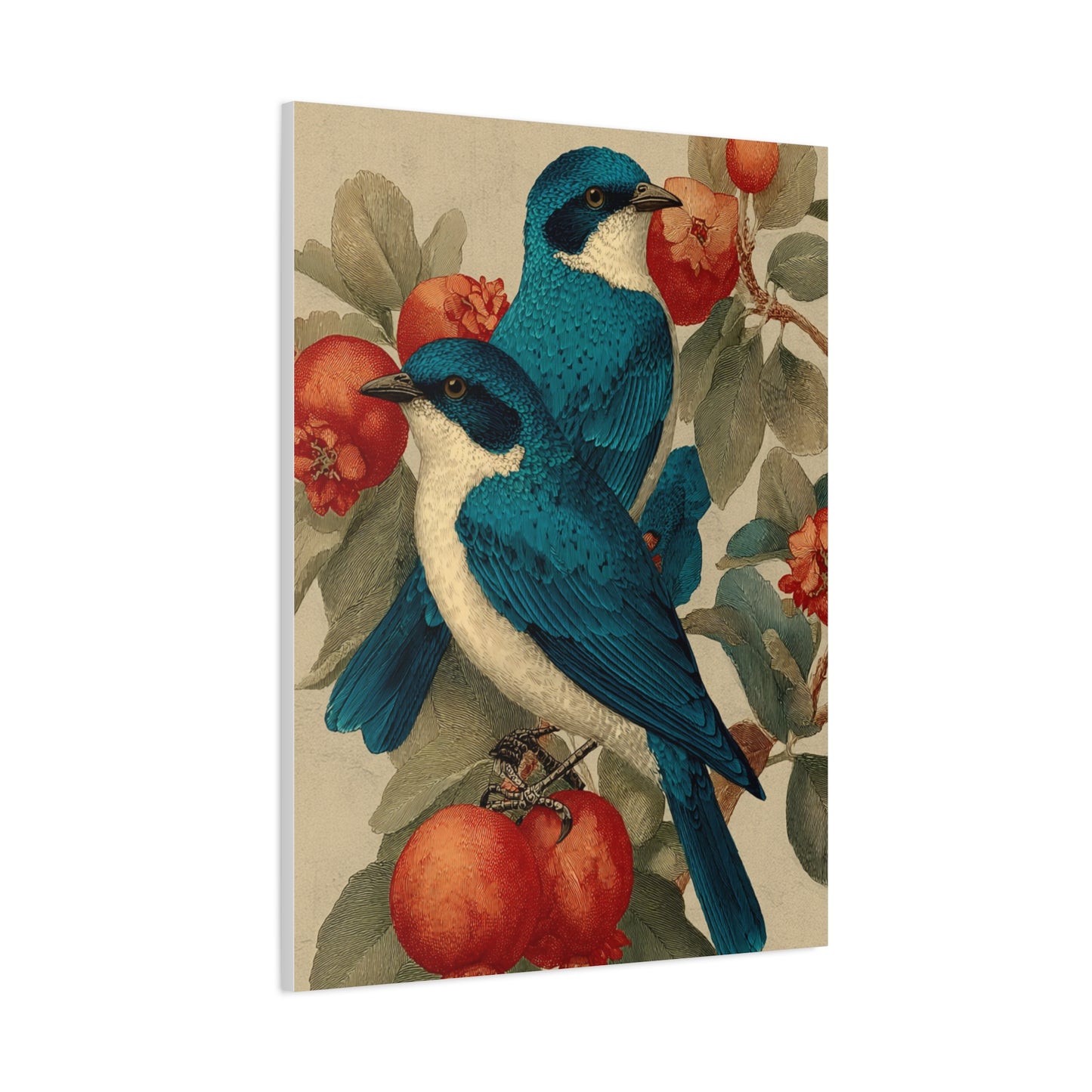 Blue Folk Birds Pomegranate Wall Art & Canvas Print