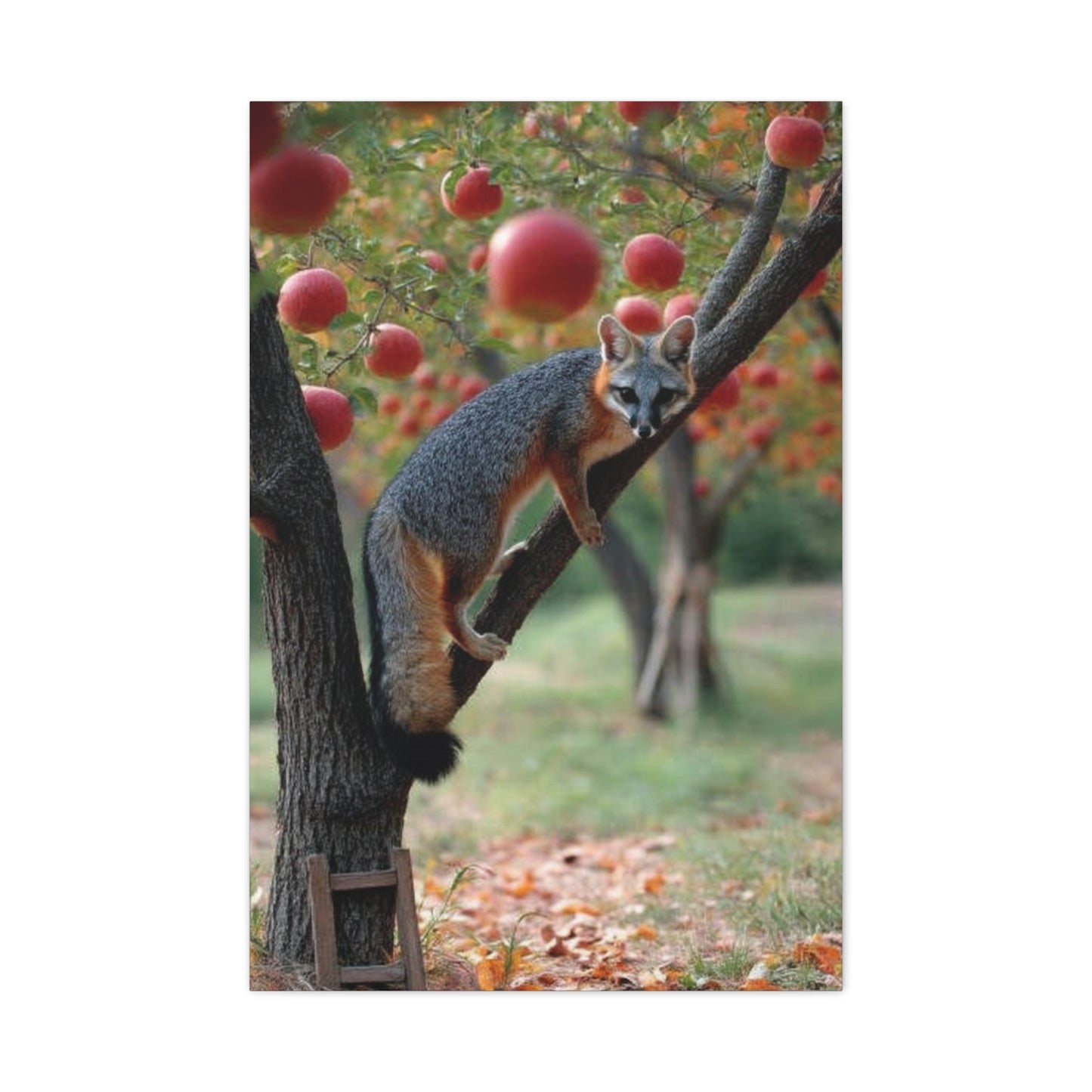 Orchard Gray Fox Climbing Apple Tree Wall Art & Canvas Print