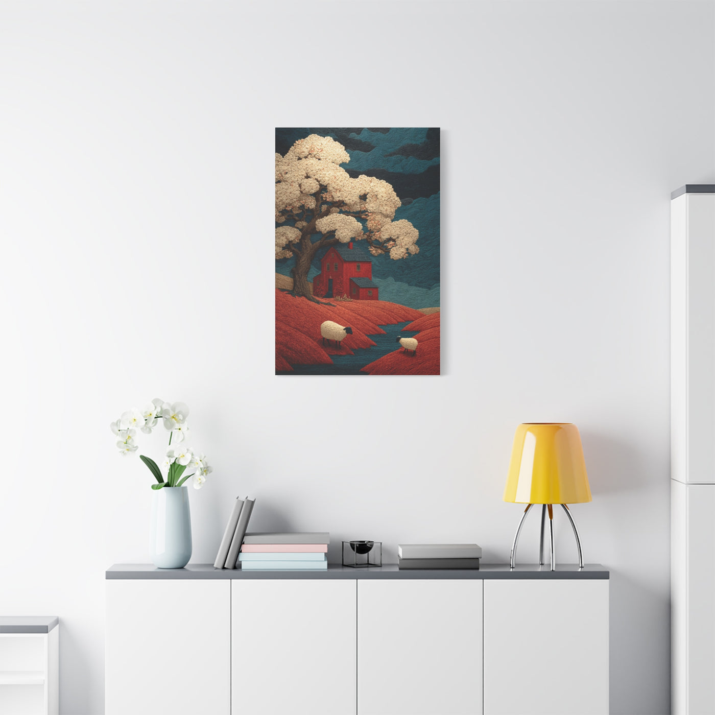 Primitive Farmhouse Sheep Folk Scene Wall Art & Canvas Print