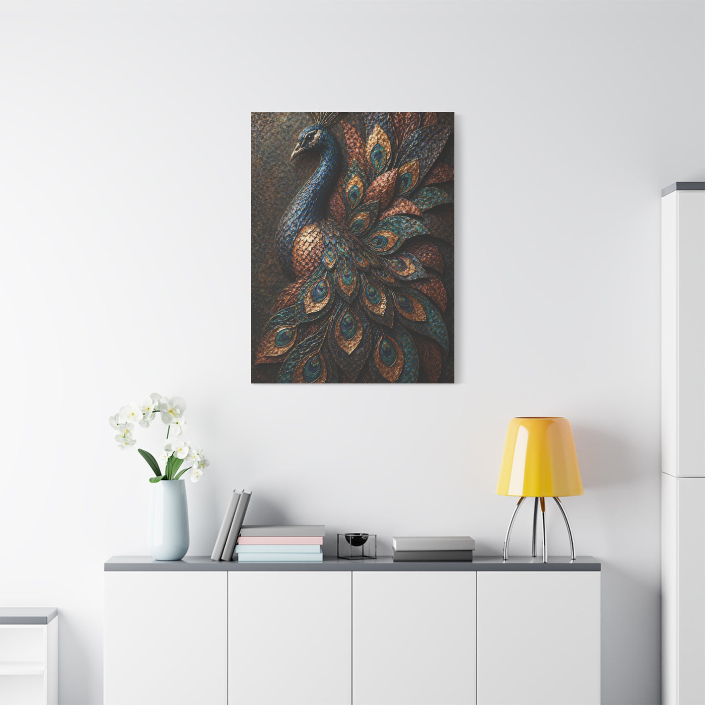 Sculptural Metal Peacock Relief Wall Art & Canvas Print